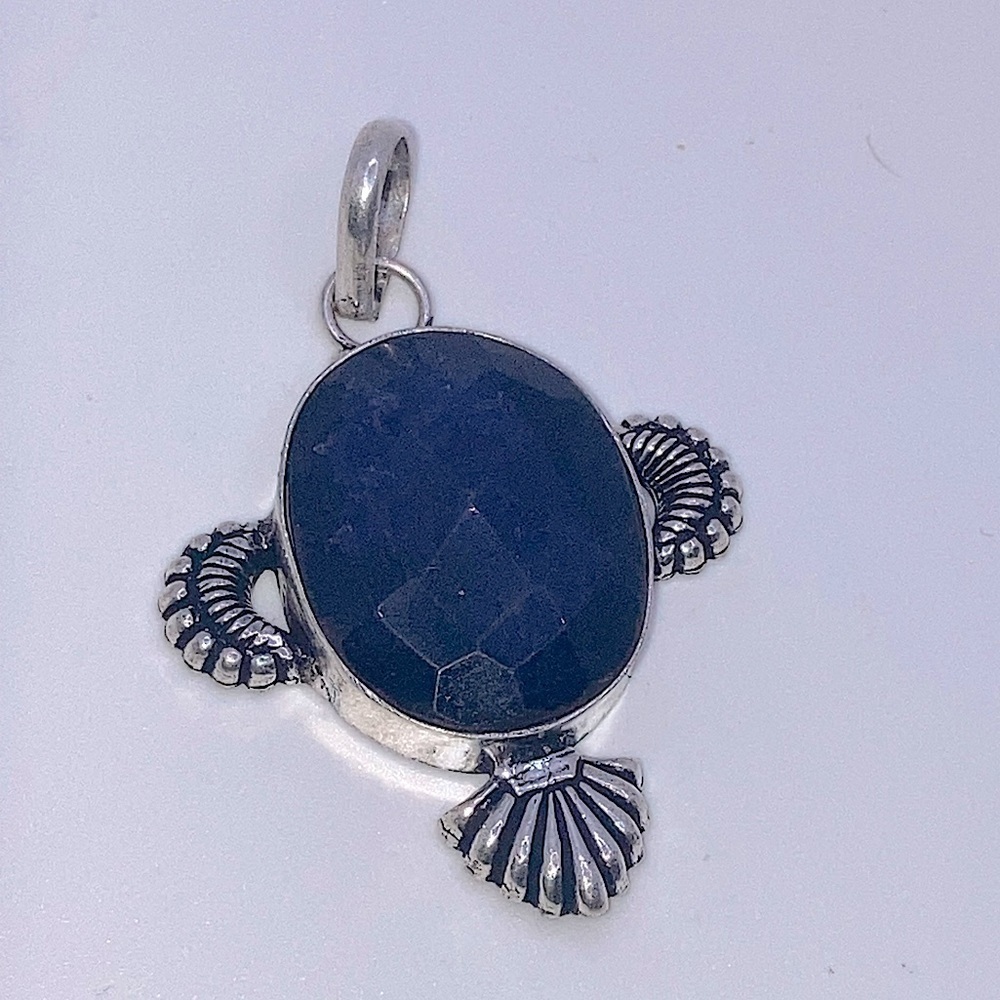 Vtg Sodalite Facet Cut Squared Oval Stone Unmarked Silver Tone Pendant  2.9”
